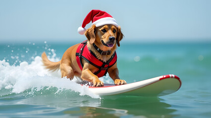 Cute dog surfing wearing christmas hat, generative ai