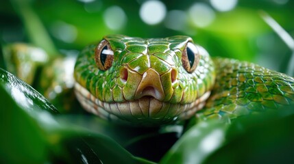 A green snake is inspecting its environment amid thick foliage, with scales glinting in the light, reflecting a harmonious blend of stealth and curiosity in nature.
