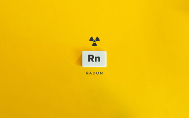 Radon (Rn) Banner image. Radioactive Chemical Element. Radioactivity Symbol and Text on Block...