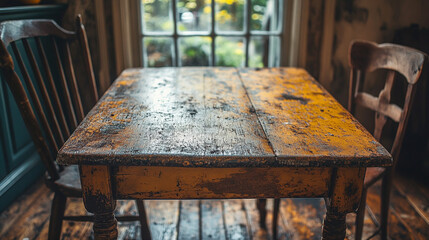 Old wooden table in the kitchen closeup