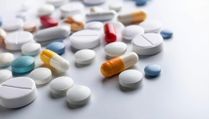 Pills and capsules. Multicolored capsules on white background. Blurred image. Assorted pharmaceutical medicine pills, tablets. Pills background. Banner for design. Vitamins and supplements background