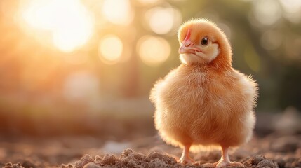 Obraz premium A fluffy chick standing in a confident pose with sunlight creating a warm glow, demonstrating growth, potential, and the optimism of a new beginning.
