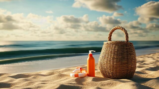 A wicker basket, sunscreen, and floaties rest on the sandy beach near the ocean