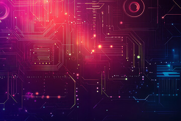 A futuristic circuit board design in festive New Year colors, featuring intricate digital technology elements, glowing lights, and advanced geometric patterns for a modern tech aesthetic.

