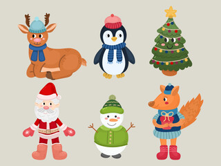 Collection of different Christmas or Snake cartoon characters in flat. Santa Claus, Penguin, Reindeer, Snowman, Squirrel, Christmas tree cute design