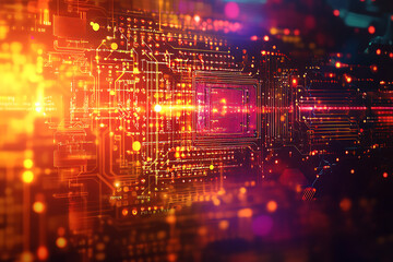 A futuristic circuit board design in festive New Year colors, featuring intricate digital technology elements, glowing lights, and advanced geometric patterns for a modern tech aesthetic.

