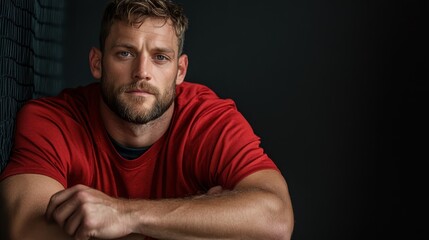 Obraz premium A muscular man in athletic wear leans against a chain-link fence. He exhibits an air of relaxation mixed with competitive spirit while displaying his strong build.