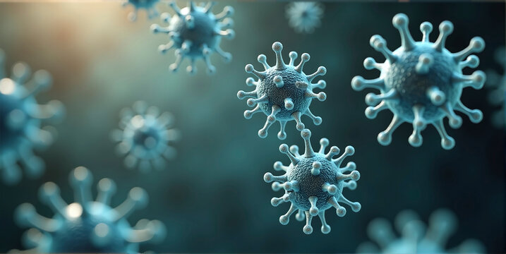 Colorful depiction of a virus, submicroscopic infectious agent replicating inside living cells
