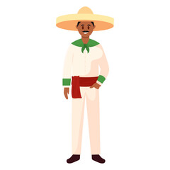 Man in white traditional Mexican outfit with sombrero, Vector
