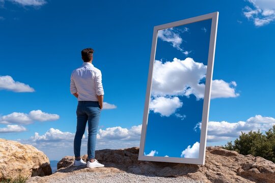 A person looking at themselves in the mirror with pride, standing tall and appreciating their own strength and self-respect