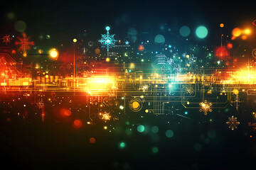 Fototapeta premium A futuristic circuit board design in festive New Year colors, featuring intricate digital technology elements, glowing lights, and advanced geometric patterns for a modern tech aesthetic.