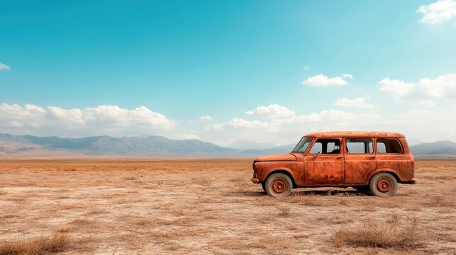 A weathered vintage car, rusted and abandoned, stands solitary amidst a desolate arid terrain, evoking nostalgia and the passage of time under an open sky.