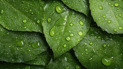Fototapeta premium Leaves with shimmering dew depict natural purity and tranquility, embodying freshness and calm in a natural backdrop, highlighted by light-reflecting droplets.
