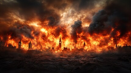 An intense scene of gigantic flames enveloping a recognizable cityscape, depicting chaos and destruction, with billowing smoke clouds dramatically emphasized.