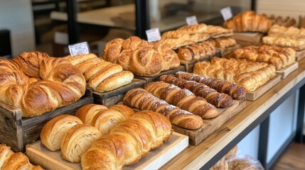 A variety of delicious baked goods, including croissants and baguettes, carefully arranged on trays in a bright bakery, showcasing quality and precision.