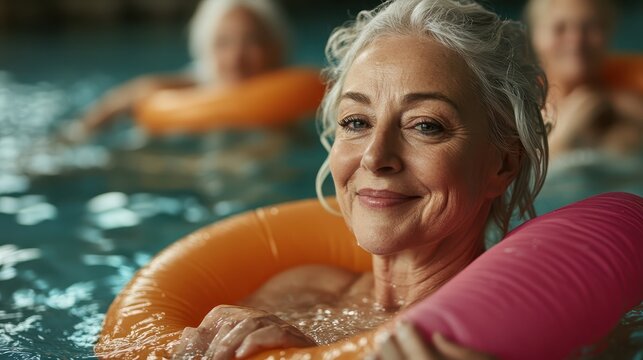 A happy senior woman is seen floating with friends in a pool, showcasing joy and companionship in an aquatic environment. Great for social and leisure visuals.