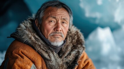 An elder man in a fur coat poses against a backdrop of ice and snow, exuding wisdom and resilience, with a sense of deep cultural heritage in the arctic climate.