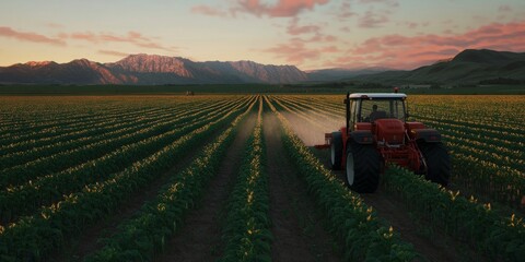 A male farmer operates a tractor in a lush field during sunset, surrounded by mountainous scenery.