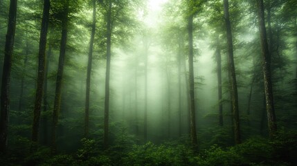A dense, lush green forest shrouded in mist evokes mystery and tranquility, capturing the serene beauty of untouched nature and its calming effect on the senses.