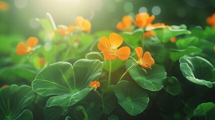 Blooming Beauty: Nasturtium Flowers in a Garden with Lush Green Leaves