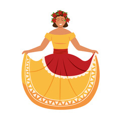 Smiling woman in yellow and red Mexican folk dress, Vector