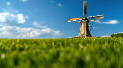 Rustic Charm: Old Wooden Windmill on Green Field Against Blue Sky