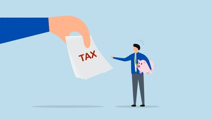 Tax burden or debt to pay for income tax, 4k animation of Businessman holding a piggy bank and examining tax invoices.