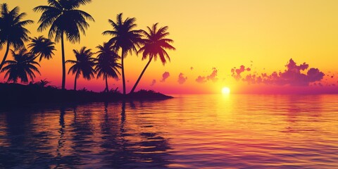 Serene sunset over calm waters, silhouetted palm trees against a vibrant orange and purple sky.