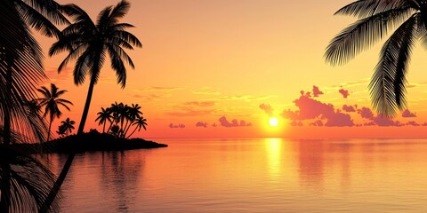 A tranquil sunset over a serene ocean with silhouetted palm trees creating a picturesque tropical scene.