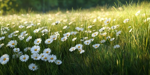 A vibrant field of daisies blooms under the warm sunlight, creating a serene and cheerful atmosphere.