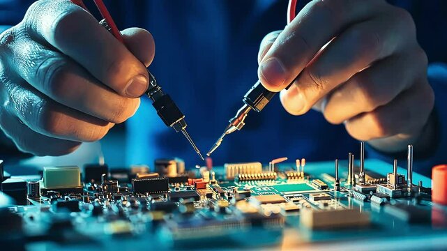 A close-up of hands using probes on a circuit board, highlighting the intricate work of electronics testing and repair.