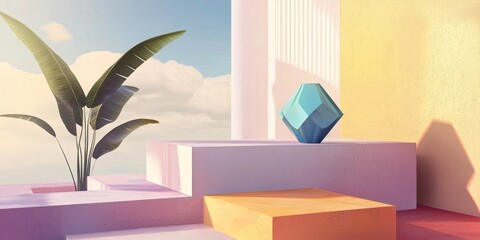 A serene, minimalistic scene featuring a geometric blue object and green palm leaves against a pastel background.