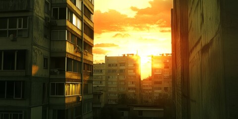 Golden hour sunset illuminating urban buildings, casting warm hues in the evening sky.