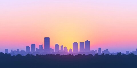 Fototapeta premium Silhouette of a city skyline at sunrise, featuring tall buildings against a gradient sky of pink and purple hues.