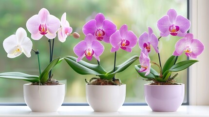 Fototapeta premium Window Sill Delight: Blooming Moth Orchids - Tips for Caring for Houseplants