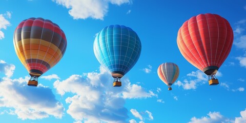 Obraz premium A vibrant scene of four colorful hot air balloons soaring against a blue sky with fluffy white clouds.