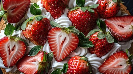   A close-up image of strawberries with whipped cream and green leaves on top of them