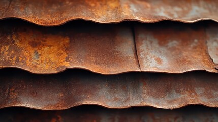This image captures a detailed close-up view of rusted, textured metal sheets, highlighting the rich, warm colors and intricate patterns formed by corrosion.