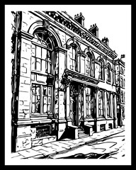 City Architecture. Black and white line art. Pattern to print for wall decorations