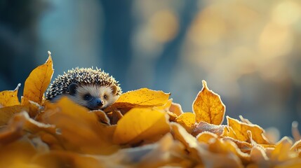 Fototapeta premium A small hedge sits atop a leaf pile next to another on top of yet another pile of leaves