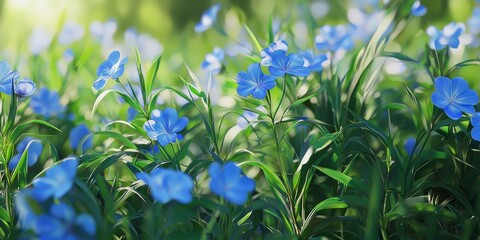 A vibrant field of delicate blue flowers swaying gently in the breeze, illuminated by soft sunlight.