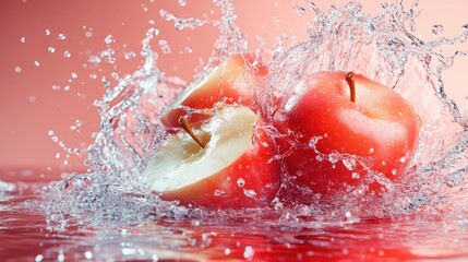 Three red apples, one sliced, dramatically splash into water, creating a mesmerizing display of droplets, highlighting the freshness and vitality of fruit.