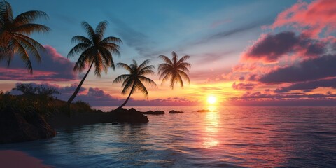 Tranquil sunset over a tropical beach with palm trees silhouetted against a vibrant sky.