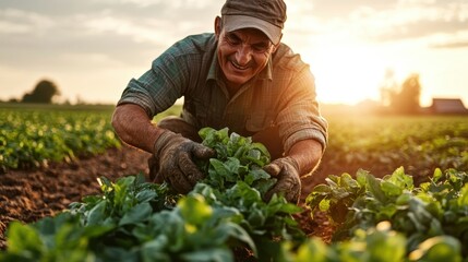 A farmer carefully picks leafy greens in a golden-lit field, embodying the connection between nature and human efforts in agricultural practices today.