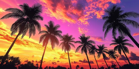 Silhouetted palm trees against a vibrant sunset sky with pink, orange, and purple hues.