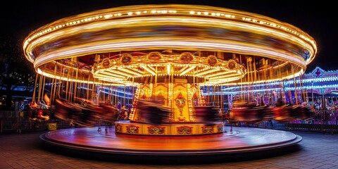 A vibrant carousel spinning at night, illuminated by dazzling lights, creating a joyous and festive atmosphere.