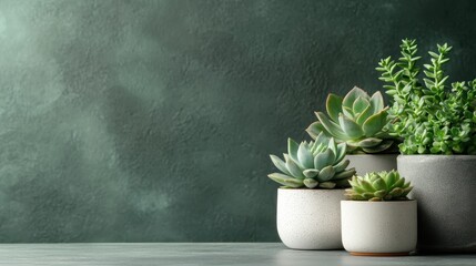 A trio of green succulents in textured pots, arranged against a rich green textured wall, presenting a blend of tranquility and natural elegance.