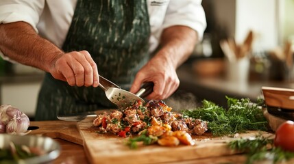 A skilled chef carefully cuts herbs over a rustic wooden board, crafting a delightful gourmet dish full of color and fresh ingredients in a cozy kitchen.