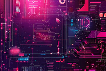A futuristic circuit board design in festive New Year colors, featuring intricate digital technology elements, glowing lights, and advanced geometric patterns for a modern tech aesthetic.

