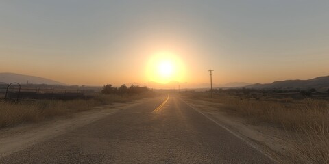 Naklejka premium A serene sunset over an empty road, highlighting golden hues and nature's tranquility.